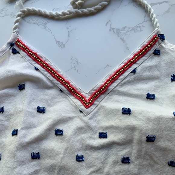 Aerie Embroidered Beaded Rope Tie Cropped Halter Tank Top | Medium - Picture 4 of 8
